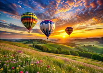 Obraz premium Panoramic View: Three Colorful Hot Air Balloons Soaring Over Lush Green Fields at Sunrise
