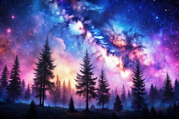 Naklejka premium Panoramic Watercolor Silhouette of Pine Trees Against a Cosmic Nebula Sky