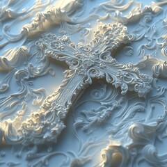 Ornate white cross sculpted relief serene design