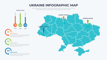 Obraz premium Infographic Map of Ukraine. Ukraine country map infographic colored vector template with regions and pointer marks.