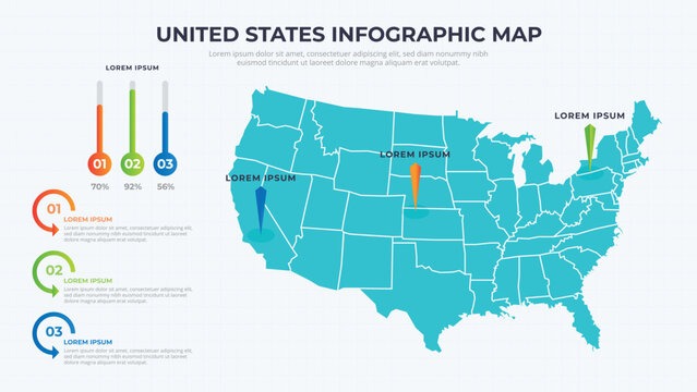 Infographic Map of United States. United States country map infographic colored vector template with regions and pointer marks.