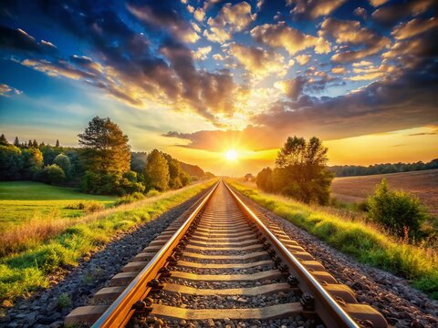 Parallel Train Tracks Converging on Horizon - Scenic Railway Landscape Stock Photo