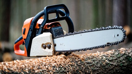 An orange chainsaw with a black handle slices through a log, sending sawdust flying. The action is captured with a blurred forest backdrop, highlighting the precision and strength of the tool