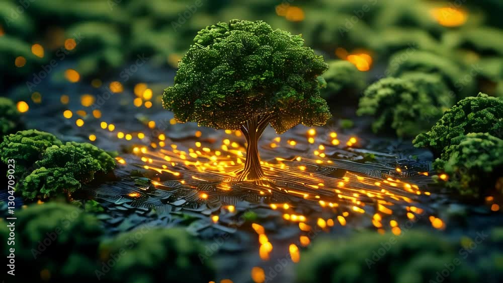 Poster a green tree growing from a black chip. the golden lines representing the circuit are visible on the