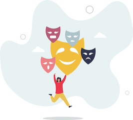 Personality, feeling and emotion change with facial masks.Psychological mindset with attitude, behavior and face expression diversity.flat character life .