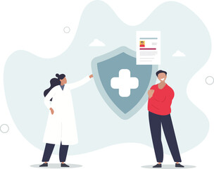 Health insurance.Doctor offering medical insurance policy contract..Patient holding insurance ID card.flat character life .