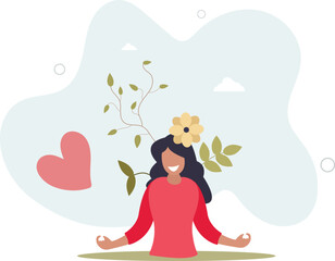 Healthy mentality and self care. Happy woman feel confident, relax, accept and love herself.flat character life .