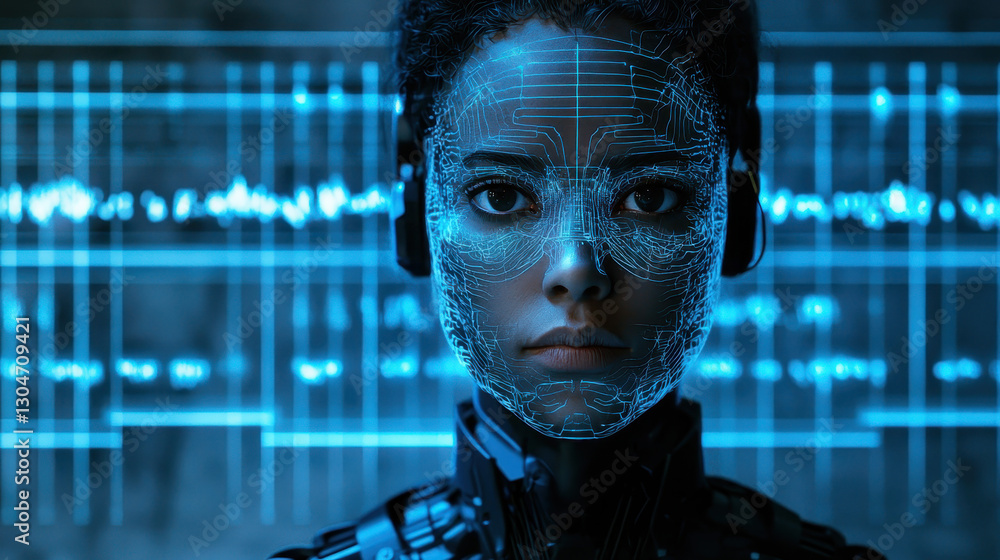 Poster futuristic ai creates music in a high-tech cybernetic studio with glowing neural interfaces