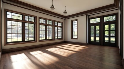 Empty sun-drenched room with hardwood floors and large windows.