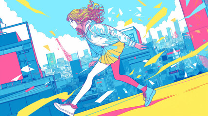 シティポップ&times;サイバーパンク、カラフルな近未来都市を背景にしたポップアート風イラスト
