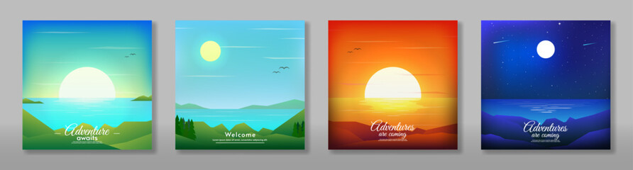 Day, night, morning and evening flat vector mountain landscape with sun, moon and clouds in sky. Landscape nature day and night illustration. Vector concept for any purposes. Design for card, banner.