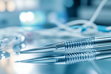 Close-up of a syringe needle with a polished, reflective surface, with soft blurred background emphasizing the sharpness of the needle and the medical setting.