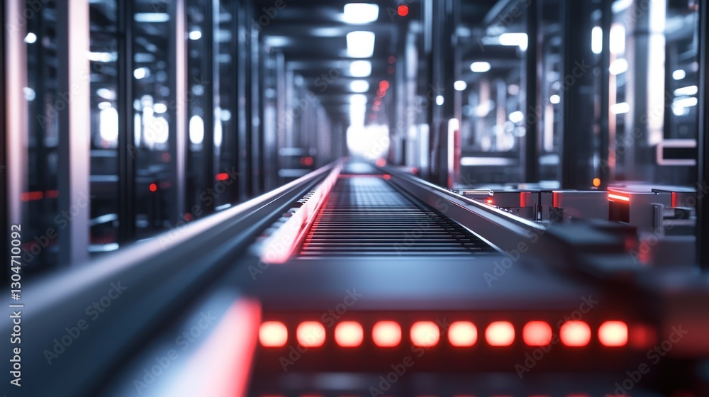 Aufkleber futuristic automated assembly line vanishing point illuminated with red lights providing a sense of 