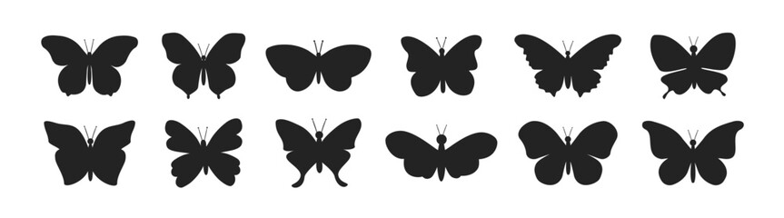 Flying butterflies silhouette black set. Outline butterflies tropical insect, summer and spring exotic symbols vector set. Exotic animal with wings. 