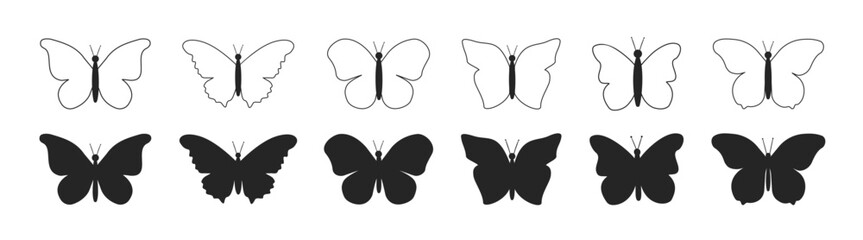 Flying butterflies silhouette black set. Black butterflies collection. Butterflies, moth and insect in different wings style shapes, flying.