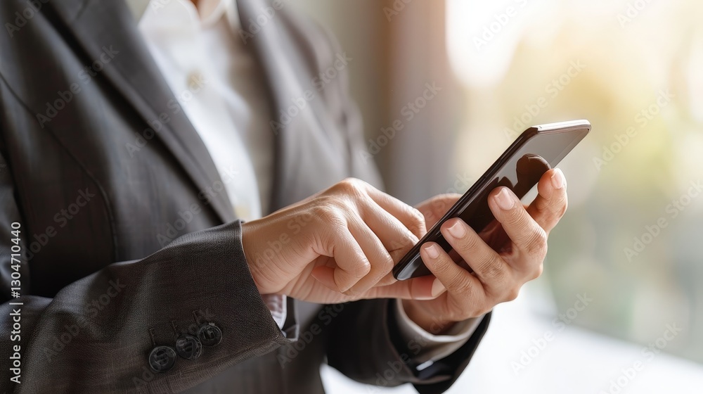 Poster business professional using smartphone for communication and networking in modern office environment