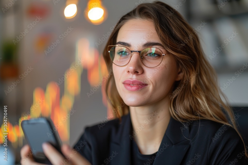 Poster young woman in glasses using smartphone, analyzing data trends in a modern office with soft bokeh ba