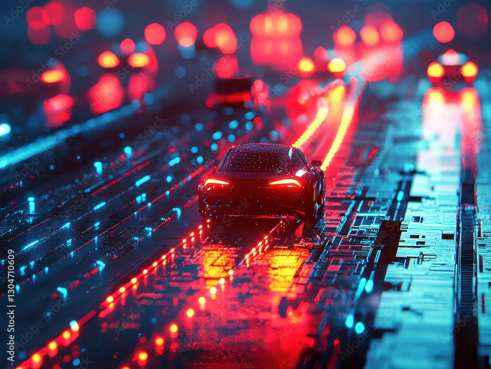 Poster futuristic city intersection with smart roads and autonomous vehicles navigating efficiently