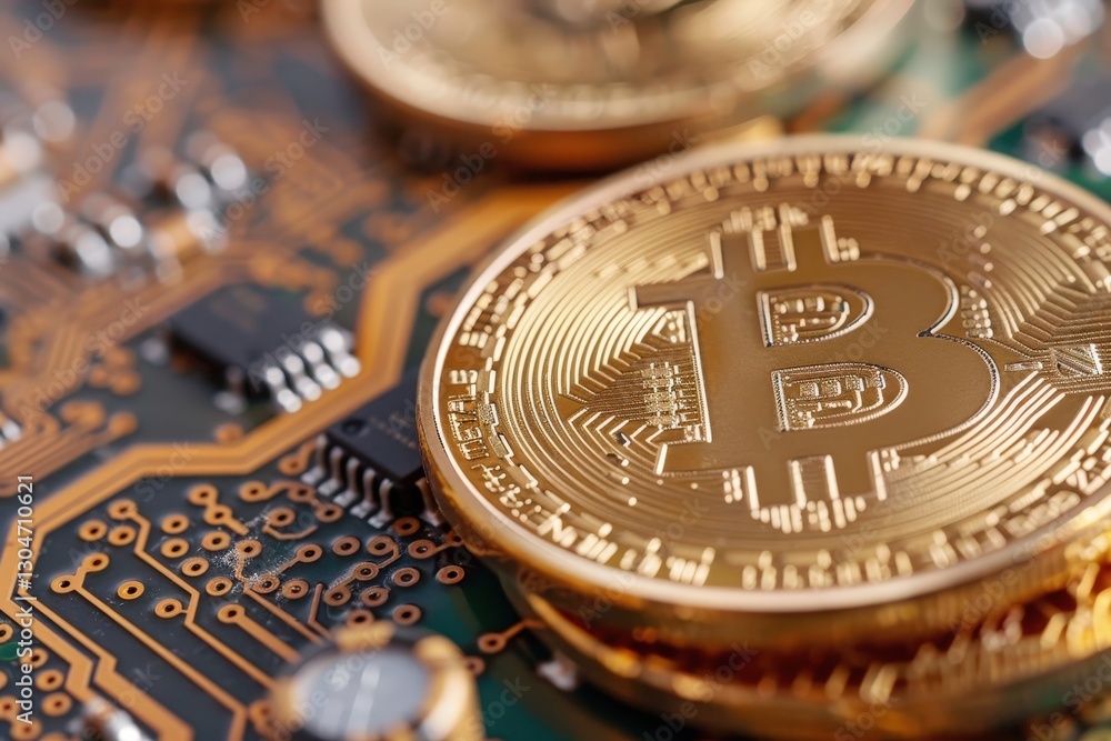 Poster close-up view of bitcoin coins on a circuit board with electronic components and gold color effect