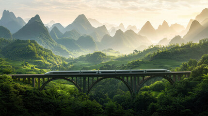 Obraz premium Futuristic maglev train glides over lush landscapes in a sustainable countryside