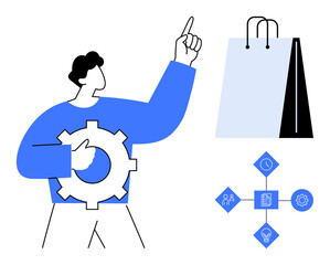Man pointing upward with gear symbol highlighting processes, shopping bag, workflow diagram. Ideal for business, teamwork, productivity, e-commerce, planning, retail automation flat simple metaphor