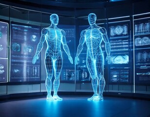 Futuristic AI-powered medical diagnosis with holographic human body and real-time health analytics