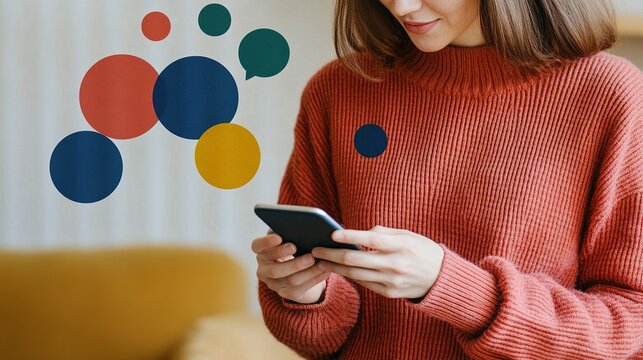 woman dressed in a pink sweater, interacts with her smartphone