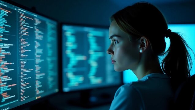 Portrait of Woman Creating a Software and Coding, Surrounded by Big Screens Displaying Lines of Programming Language Code. Female Programmer Working in a Monitoring Room. Futuristic Concept