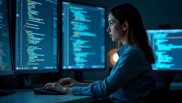 Portrait of Woman Creating a Software and Coding, Surrounded by Big Screens Displaying Lines of Programming Language Code. Female Programmer Working in a Monitoring Room. Futuristic Concept