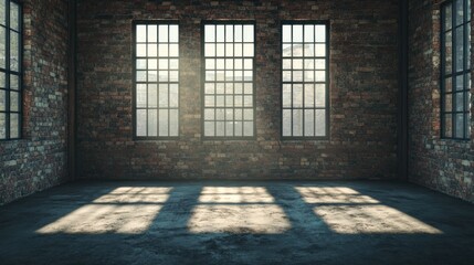 Empty Industrial Loft Room with Sunlight Streaming Through Large Windows.