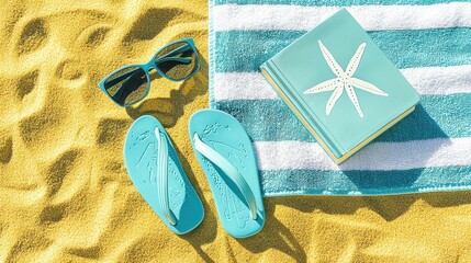 Bright Summer Essentials on Sandy Beach: Flip Flops, Towel, Sunglasses