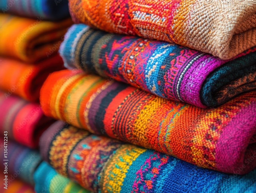 Poster vibrant handwoven textile stack showcasing intricate patterns and rich colors creating a warm and in