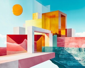 Fototapeta premium Abstract vector illustration with geometric architectural forms, featuring circles, squares, and lines on red, yellow, and blue background.
