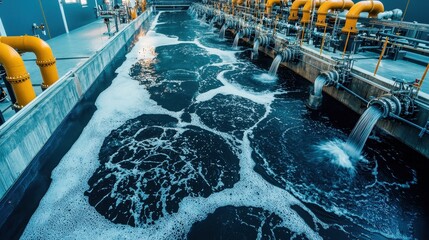Modern Industrial Water Treatment Facility with Flowing Water and Foam