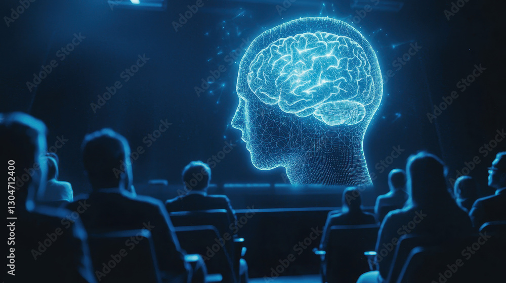 Poster futuristic university lecture with neurofeedback and holographic data for students