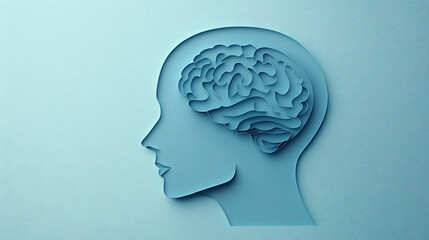 A light blue paper silhouette of a human head with a brain cutout, ideal for mental health awareness campaigns, educational materials, and artistic projects.