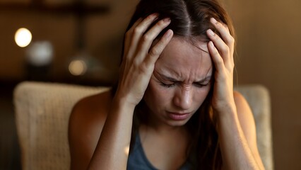 Fototapeta premium Young woman experiencing a severe headache, holding her head in pain