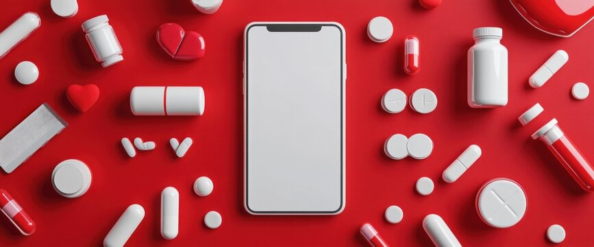 modern telehealth concept displaying a phone surrounded by pills and capsules on a red background