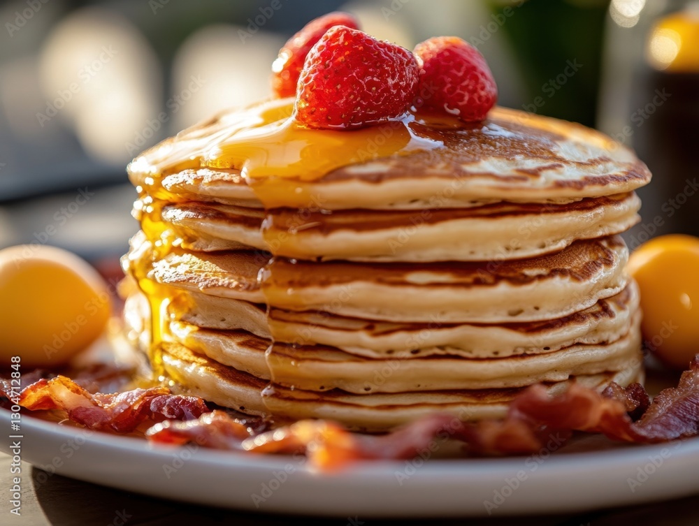 Poster stack of golden pancakes topped with fresh strawberries and dripping maple syrup served with crispy 