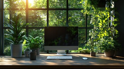 A bright workstation surrounded by flourishing green plants and nature
