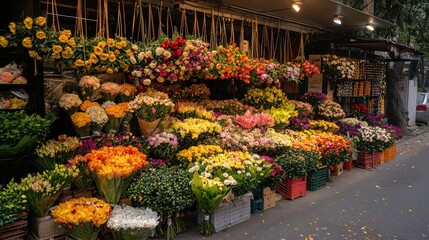 Colorful Flower Market Stall with Fresh Blooms and Vibrant Arrangements