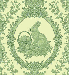 Easter Bunny Basket and Eggs Spring Elegant Seamless Pattern for Fabrics, Wallpapers and Packaging