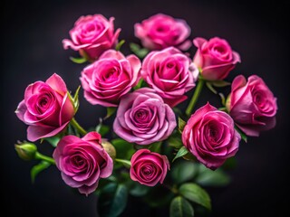 Obraz premium Pink Roses Top View, Tilt-Shift Miniature Effect, Isolated Black Background, Blooming Flowers, Romantic Floral