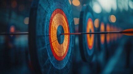 Outdoor archery targets, arrows in bullseye, blurred background