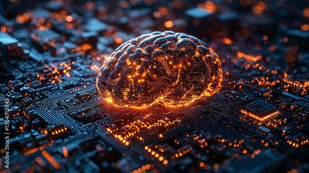 Poster a glowing 3d hologram of an artificial intelligence brain with digital circuits