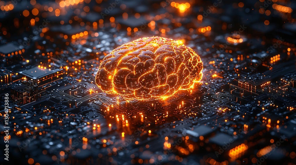 Aufkleber a glowing 3d hologram of an artificial intelligence brain with digital circuits