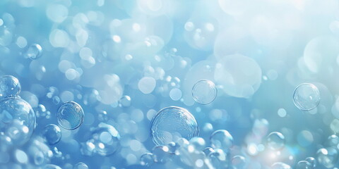 Abstract sky blue background. Bokeh effect with floating bubbles