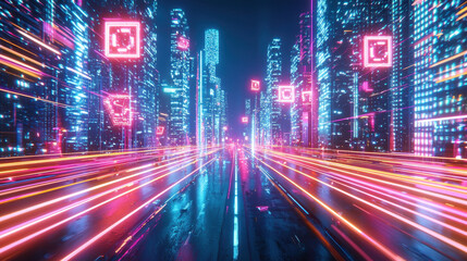 Fototapeta premium Dynamic neon cityscape with futuristic holographic belt in a cyberpunk atmosphere