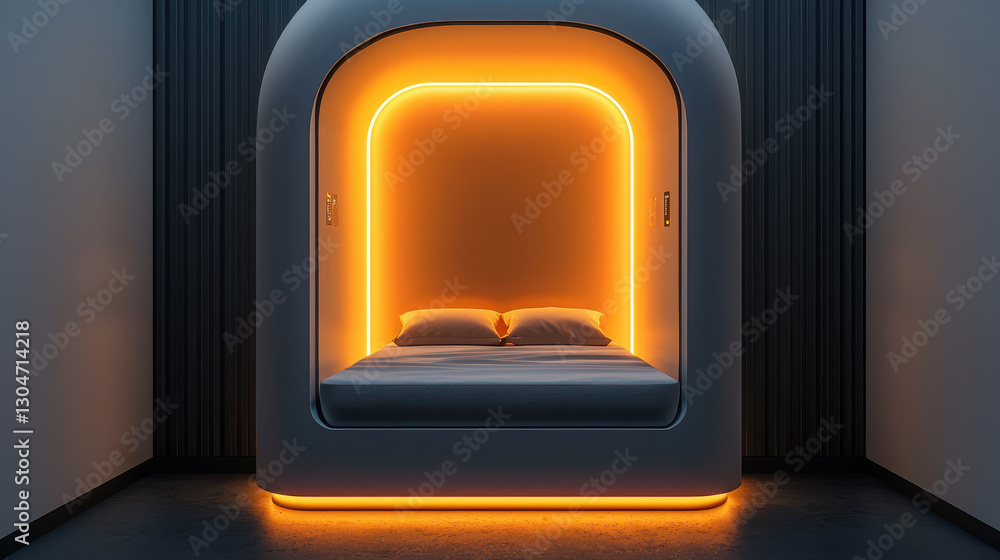 Poster high-tech meditation pod designed for enhanced learning and deep focus in a futuristic setting