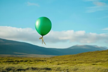 Fototapeta premium Green Balloon Soaring Above a Meadow Landscape on a Sunny Day